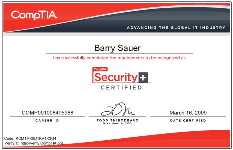 Barry Sauer Diploma and Certification Gallery